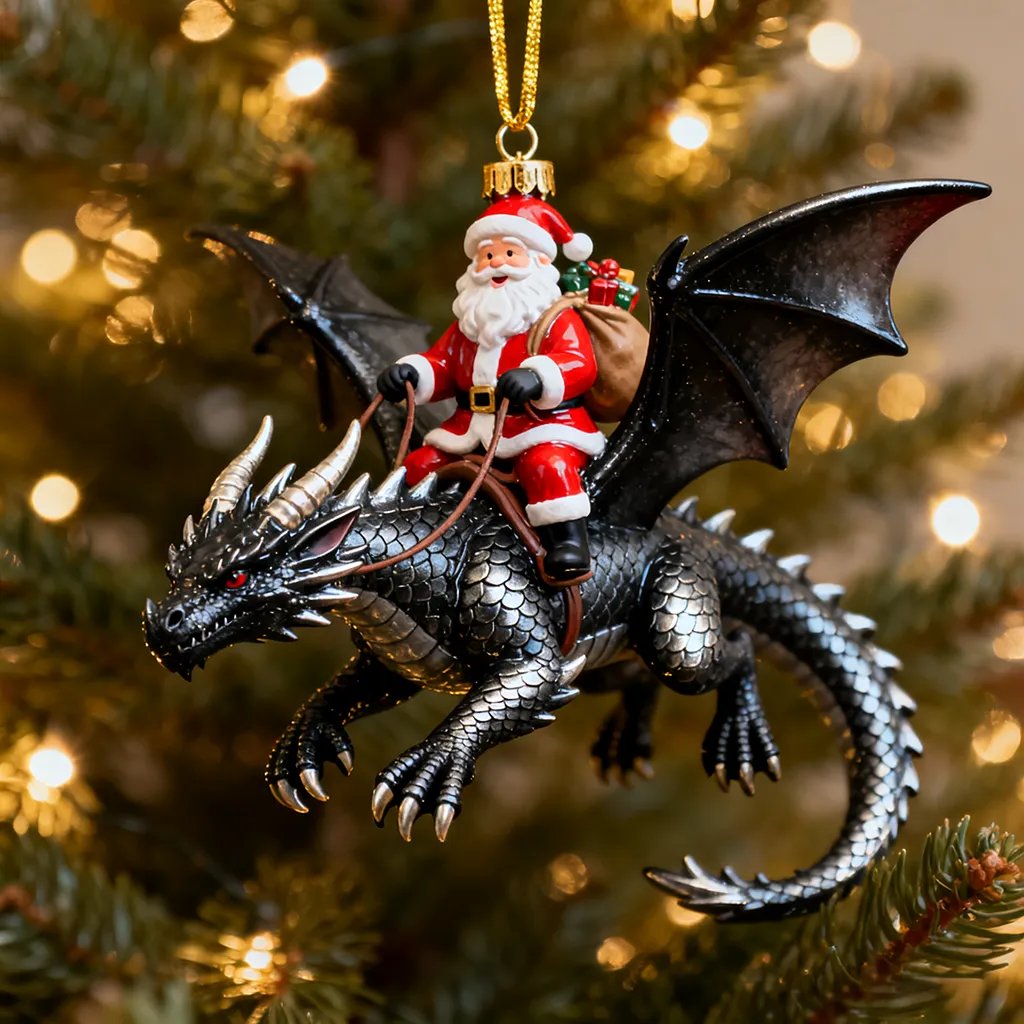 Santa dragon ornament displayed on a Christmas tree
