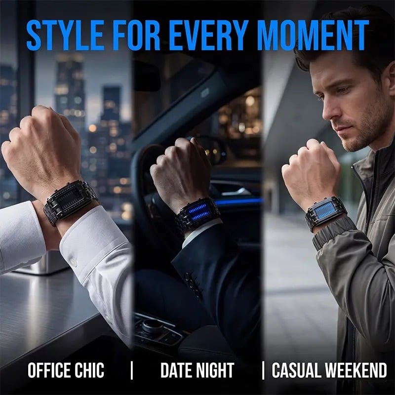 🎁🔥Binary LED Digital Watch, Square Face with Stainless Zinc Alloy Band, Unisex Casual Timepiece - detail 4