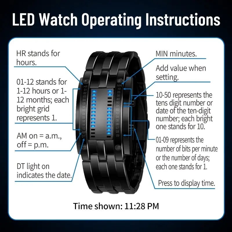 🎁🔥Binary LED Digital Watch, Square Face with Stainless Zinc Alloy Band, Unisex Casual Timepiece - detail 5