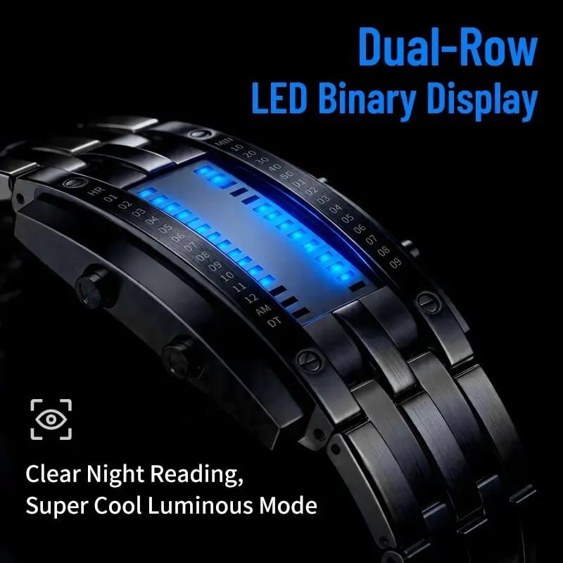 🎁🔥Binary LED Digital Watch, Square Face with Stainless Zinc Alloy Band, Unisex Casual Timepiece - detail 1