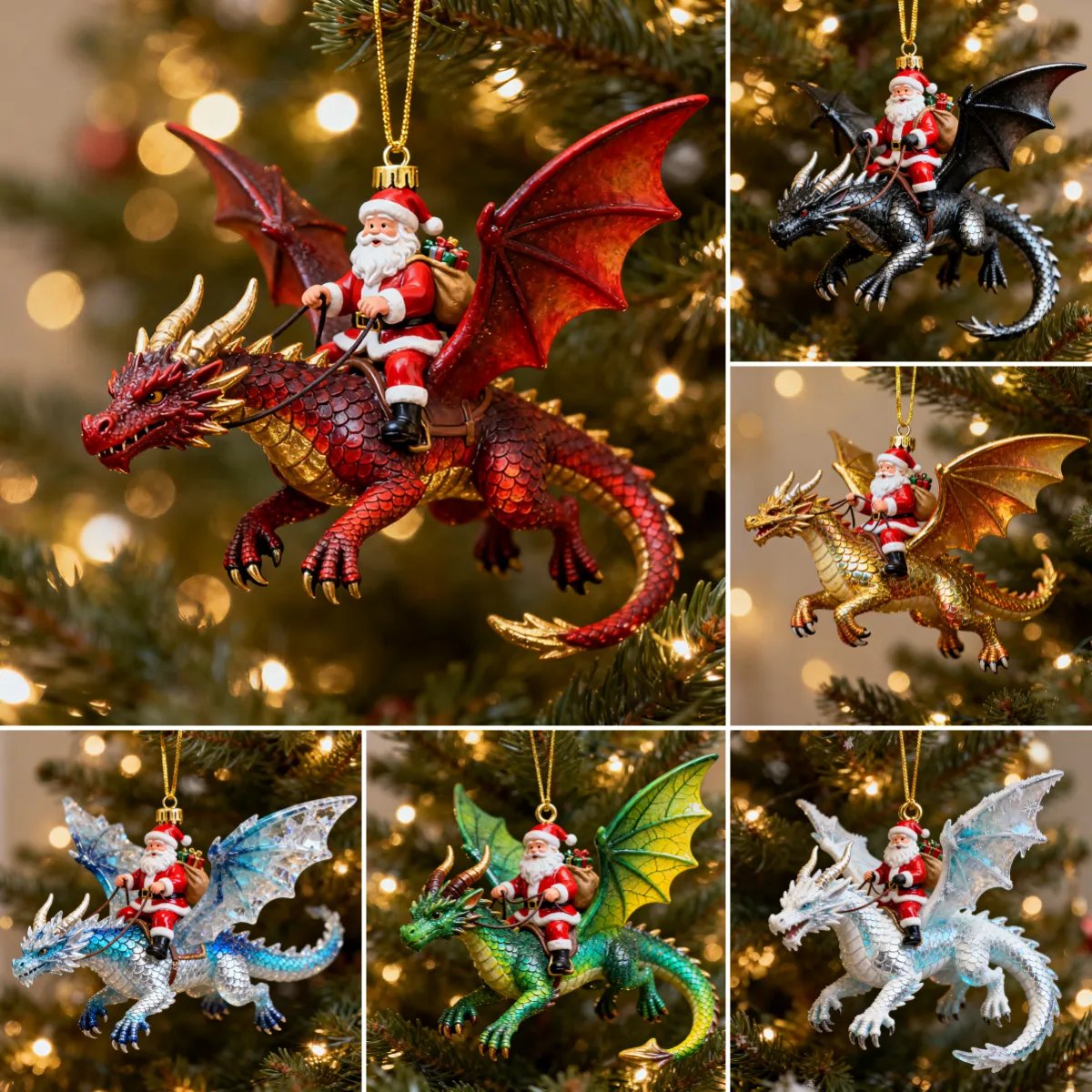 Santa riding a dragon Christmas ornament collection