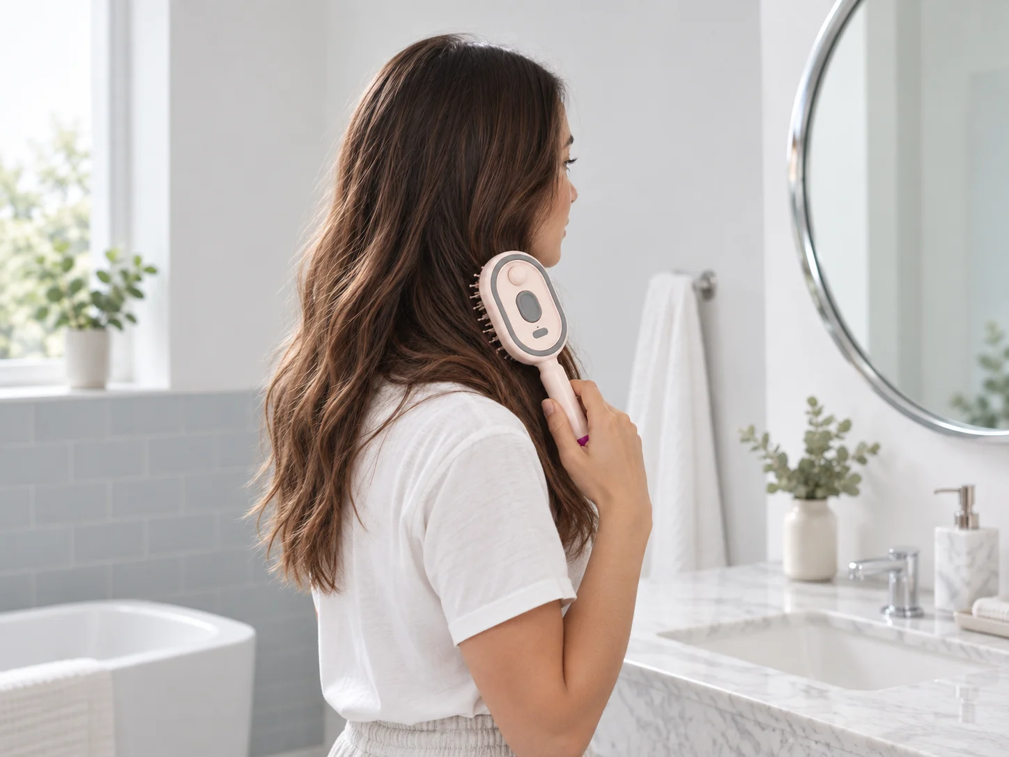 Woman using the hair care comb at a bright bathroom vanity