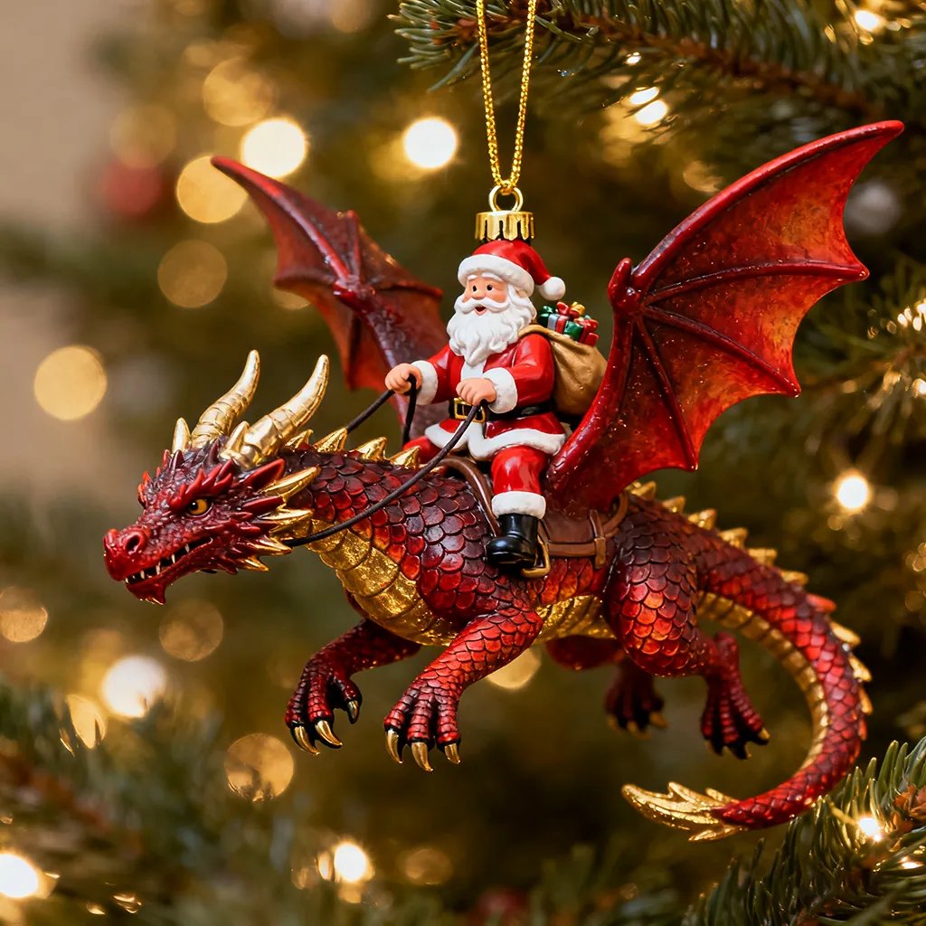 Detailed Santa and dragon ornament with metallic wings