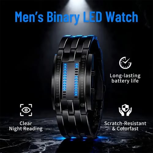 🎁🔥Binary LED Digital Watch, Square Face with Stainless Zinc Alloy Band, Unisex Casual Timepiece - detail 2